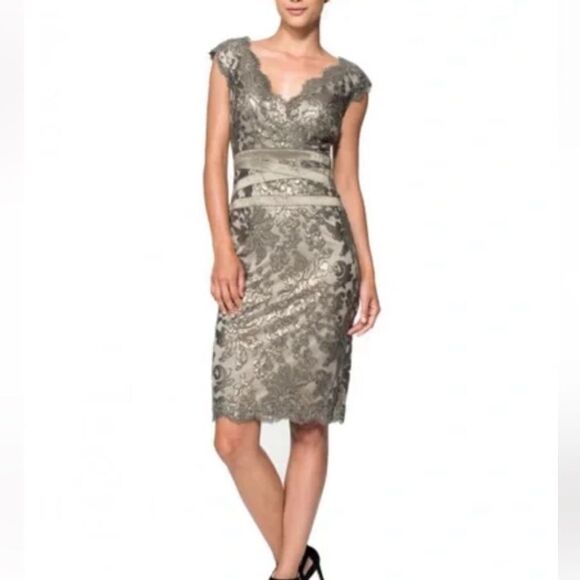 Tadashi Shoji Lace Gold Sequin Overlay Taupe Smoked Pearl Cocktail Dress Sz 2 - Picture 4 of 16